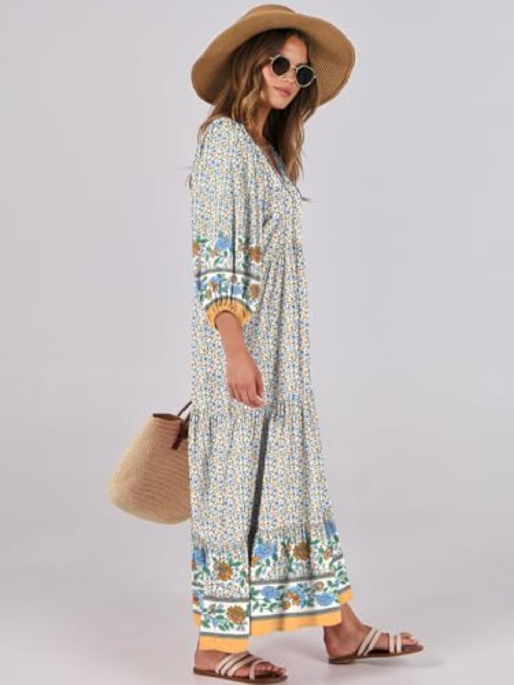 🆕 Womens Boho Maxi Dresses Summer V Neck Puff Sleeve Floral Flowy Swing Fall - Picture 3 of 6